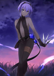 Rule 34 | 1girl, bare shoulders, black gloves, black hairband, breasts, dark skin, dark-skinned female, fate/grand order, fate/prototype, fate/prototype: fragments of blue and silver, fate (series), fingerless gloves, gloves, grass, hairband, hassan of serenity (fate), holding, holding weapon, looking at viewer, nakahara (mu tation), navel, official art, outdoors, purple eyes, purple hair, short hair, sideboob, small breasts, solo, weapon