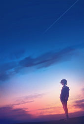 Rule 34 | 1other, backlighting, cloud, commentary request, full body, highres, original, outdoors, short hair, sky, solo, standing, sunrise, wide shot, yuhack