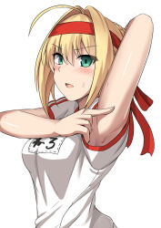 Rule 34 | 1girl, ahoge, arm up, armpits, blonde hair, blush, fate/grand order, fate (series), green eyes, gym shirt, gym uniform, hair between eyes, hair intakes, headband, name tag, nero claudius (fate), nero claudius (fate) (all), nero claudius (fate/extra), nero claudius (olympian bloomers) (fate), official alternate costume, open mouth, pointing, shirt, shiseki hirame, short sleeves, sidelocks, solo, t-shirt, upper body