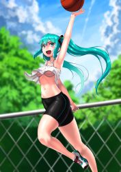 Rule 34 | 1girl, :d, aqua eyes, aqua hair, arm up, ball, basketball, basketball (object), bike shorts, blush, breasts, cloel, hatsune miku, highres, jumping, large breasts, long hair, looking at viewer, navel, no bra, open mouth, shoes, smile, sneakers, solo, tank top, twintails, underboob, very long hair, vocaloid