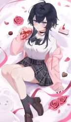 1girl absurdres black_hair commentary eevyart highres original purple_eyes school_uniform skirt symbol-only_commentary