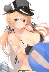 Rule 34 | 1girl, anchor hair ornament, ball, bare arms, beachball, bikini, black bikini, blonde hair, blush, breasts, cleavage, closed mouth, collarbone, commentary request, cowboy shot, green eyes, hair between eyes, hair ornament, hair over shoulder, halterneck, hat, highres, kagerou (shadowmage), kantai collection, large breasts, lips, long hair, looking at viewer, military hat, navel, peaked cap, prinz eugen (kancolle), revision, scrunchie, side-tie bikini bottom, simple background, sitting, smile, solo, string bikini, swimsuit, twintails, v, white background, white scrunchie, wrist scrunchie