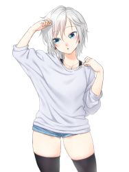 Rule 34 | 10s, 1girl, :o, anastasia (idolmaster), black thighhighs, blue eyes, commentary request, contrapposto, cowboy shot, denim, denim shorts, idolmaster, idolmaster cinderella girls, jewelry, legs apart, necklace, onsoku inu, open mouth, short shorts, shorts, silver hair, simple background, solo, standing, thighhighs, white background