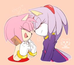 Rule 34 | 2girls, amy rose, animal ears, bad deviantart id, bad id, bad source, blaze the cat, blush, cat ears, cat girl, closed eyes, comb, cropped torso, forehead jewel, furry, furry female, gloves, hair down, hairband, hedgehog girl, holding, holding comb, jacket, mikune19, multiple girls, open mouth, pink fur, purple fur, purple jacket, red hairband, sonic (series), white gloves