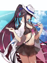 Rule 34 | 1girl, bikini, bikini skirt, black bikini, black hair, blue ribbon, blunt bangs, bow, breasts, cleavage, cloud, cloudy sky, coat, cosplay, cowboy shot, fate/grand order, fate (series), food, front-tie top, gradient hair, hair ribbon, hat, holding, ice cream, long hair, long sleeves, looking at viewer, medium breasts, multicolored hair, navel, open clothes, open coat, open mouth, oryou (fate), pink bow, pink eyes, pink hair, ribbon, sakamoto ryouma (fate), sakamoto ryouma (fate) (cosplay), sky, solo, swimsuit, v, very long hair, white coat, white hat, ya 4004