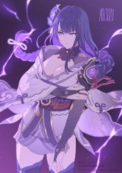 Rule 34 | 1girl, aoi suzu, braid, breasts, bridal gauntlets, cleavage, electricity, genshin impact, hair ornament, highres, japanese clothes, kimono, large breasts, long hair, long sleeves, looking at viewer, low-braided long hair, low-tied long hair, mole, mole under eye, obi, off shoulder, purple eyes, purple hair, purple kimono, purple thighhighs, raiden shogun, sash, shrug (clothing), solo, thighhighs, thighs, very long hair, wide sleeves