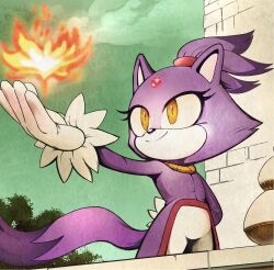 Rule 34 | 1girl, adam bryce thomas, animal ears, arm behind back, blaze the cat, brown eyes, building, cat ears, cat tail, fire, forehead jewel, furry, furry female, gloves, highres, jacket, outdoors, pants, purple jacket, solo, sonic (series), tail, white gloves, white pants