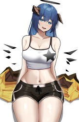Rule 34 | 1girl, :d, absurdres, arknights, bare shoulders, black shorts, blue eyes, blue hair, breasts, camisole, cleavage, commentary request, cowboy shot, crop top, halo, highres, horns, large breasts, long hair, looking at viewer, midriff, mostima (arknights), navel, official alternate costume, open mouth, short shorts, shorts, simple background, sitting, smile, solo, spaghetti strap, star (symbol), star print, stomach, tofudofu, white background