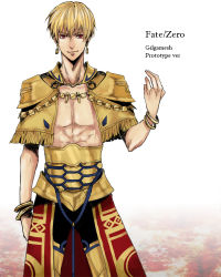 Rule 34 | 1boy, bad id, bad pixiv id, bare arms, blonde hair, bracelet, character name, copyright name, cosplay, fate/prototype, fate/stay night, fate/zero, fate (series), gilgamesh (fate), gilgamesh (fate/prototype), gilgamesh (fate/prototype) (cosplay), grin, jewelry, looking at viewer, male focus, muscular, necklace, orii (orii i), red eyes, short hair, smile, solo, standing, vest