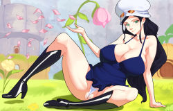 Rule 34 | 1girl, 47 hard, arm support, bare shoulders, black hair, boots, breasts, cleavage, cleft of venus, closed mouth, dress, feet, female focus, flower, full body, grass, green eyes, groin, hand up, hat, highres, knee boots, large breasts, legs, long hair, looking at viewer, nico robin, one piece, outdoors, panties, petals, pussy, sitting, sleeveless, smile, solo, sunglasses, sunglasses on head, thighs, uncensored, underwear, wedgie