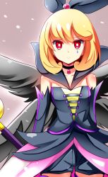 Rule 34 | 10s, 1girl, bad id, bad pixiv id, blonde hair, bright pupils, choker, expressionless, gloves, hair ribbon, happinesscharge precure!, highres, popped collar, precure, purple background, queen mirage, red eyes, ribbon, shinekalta, short hair, shorts, solo