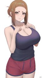 Rule 34 | 1girl, artist name, black tank top, braid, breasts, brown hair, cleavage, collarbone, cowboy shot, eyeliner, hair bun, hands on own chest, highres, kaii to otome to kamikakushi, large breasts, makeup, medium hair, mole, mole under eye, ogawa sumireko, parted lips, red eyeliner, red shorts, ryumikooo, shorts, sidelocks, simple background, smile, solo, tank top, thick eyebrows, variant set, white background