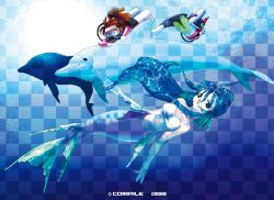 Rule 34 | 2girls, :d, arle nadja, bandeau, blue background, blue eyes, blue hair, blue theme, breasts, brown hair, carbuncle (puyopuyo), caustics, checkered background, child, cleavage, diving mask, dolphin, fins, goggles, head fins, long hair, madou monogatari, mermaid, monster girl, multiple girls, official art, open mouth, puyopuyo, refraction, scuba, see-through, serilly (puyopuyo), serilly (puyopuyo), smile, underwater