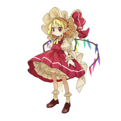 Rule 34 | 1girl, absurdres, blonde hair, bloomers, brown footwear, closed mouth, commentary request, crystal, flandre scarlet, frilled skirt, frills, full body, hat, hat ribbon, highres, mob cap, one side up, pointy ears, red eyes, red ribbon, red skirt, red vest, ribbon, shirt, short hair, short sleeves, simple background, skirt, socks, solo, standing, touhou, underwear, usayoshi (touhopu2), vest, white background, white hat, white shirt, white socks, wings, wrist cuffs