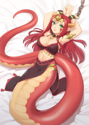 Rule 34 | 1girl, arabian clothes, arms up, borrowed character, bound, bound wrists, breasts, bustier, chain, circlet, cleavage, closed mouth, collar, cristalavi, cuffs, facepaint, facial mark, green eyes, highres, horns, lamia, large breasts, long hair, looking at viewer, lying, midriff, monster girl, navel, on back, original, pointy ears, red hair, red lips, skirt, snake tail, solo, tail