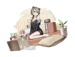 Rule 34 | 1girl, absinthe (arknights), animal ears, arknights, bare legs, bare shoulders, barefoot, bear ears, black jacket, box, camisole, cardboard box, commentary request, grey hair, highres, jacket, off shoulder, open clothes, open jacket, penguin logistics logo, plant, potted plant, red eyes, short hair, sitting, so ki chi, solo, spaghetti strap, thighs, wariza