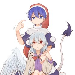 Rule 34 | 2girls, :/, :3, absurdres, angel wings, arm up, beige jacket, black capelet, blue eyes, blue hair, blush, book, bow, bowtie, braid, breasts, capelet, chinese commentary, closed mouth, collared dress, commentary request, doremy sweet, dress, expressionless, eyelashes, feathered wings, feet out of frame, french braid, furrowed brow, hair between eyes, half updo, hat, highres, idaku, kishin sagume, knees, long sleeves, looking at another, looking up, medium breasts, multiple girls, nightcap, off shoulder, pom pom (clothes), purple dress, red bow, red bowtie, short hair, short sleeves, silver hair, simple background, single wing, sitting, smile, standing, tail, tapir tail, touhou, turtleneck, white background, white dress, wing collar, wings, ||/