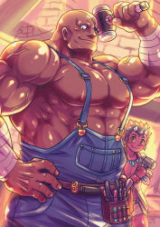 Rule 34 | 2boys, abs, arm up, aura, bald, bandaged arm, bandages, bara, belt pouch, blue jumpsuit, brown hair, closed mouth, colored skin, commentary request, dark-skinned male, dark skin, eyepatch, father and son, gennou (f-kare), hammer, hand on own hip, highres, holding, holding hammer, horns, jewelry, jumpsuit, large pectorals, looking at viewer, male focus, mechanic, multiple boys, muscular, muscular male, necklace, nipples, overalls, pectorals, pointy ears, pouch, red skin, short hair, shoukan yuusha to f-kei kareshi, smile, strongman waist, thorin (f-kare), tusks, upper body, veins, veiny arms, vial, zinpati