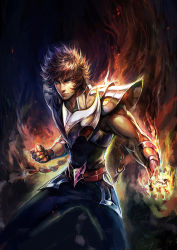 Rule 34 | 1boy, arm guards, armor, aura, battle aura, belt, black pants, blue eyes, breastplate, clenched hand, closed mouth, collarbone, cowboy shot, fighting stance, fire, fire, fooltown, lips, looking at viewer, male focus, muscular, pants, pauldrons, phoenix ikki, saint seiya, shoulder armor, smile, solo, spiked hair, standing