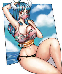 Rule 34 | 1girl, bikini, blue hair, breasts, cleavage, cloud, cloudy sky, curvy, horns, iury padilha, large breasts, long hair, looking at viewer, mask, multicolored hair, navel, one piece, pink hair, sky, spaghetti strap, swimsuit, tagme, tank top, thick thighs, thighs, ulti (one piece), wide hips