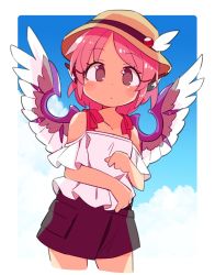 Rule 34 | 1girl, animal ears, black skirt, blue background, blush, border, brown hat, bucket hat, casual, cloud, commentary request, contemporary, cowboy shot, cropped legs, day, feathered wings, hat, ini (inunabe00), looking at viewer, mystia lorelei, off-shoulder shirt, off shoulder, outdoors, pink hair, shirt, short hair, skirt, solo, touhou, white border, white shirt, winged hat, wings