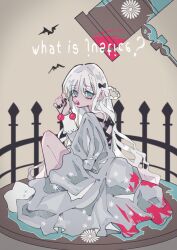 Rule 34 | 1girl, bat (animal), black nails, blue eyes, braid, cherry, dress, english text, fence, food, french braid, fruit, gown, grey background, grey dress, hair between eyes, hammer, highres, holding, holding food, holding fruit, juliet sleeves, long sleeves, nanamiya ten, on floor, open mouth, original, puffy sleeves, sitting, upside-down text, white hair