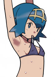 Rule 34 | armpits, arms up, bikini, bikini in mouth, black bikini, blue eyes, blue hair, bravefarm2, breasts, bright pupils, clothes in mouth, creatures (company), dot nose, freckles, game freak, highres, lana (pokemon), nintendo, no sclera, pokemon, simple background, small breasts, solo, string bikini, swimsuit, upper body, wet, white background