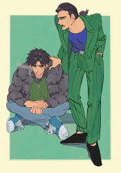 Rule 34 | 2boys, black eyes, black footwear, black hair, black jacket, blue background, blue footwear, blue pants, cigarette, closed mouth, collared shirt, commentary request, facial scar, fingernails, formal, full body, gin to kin, green jacket, green pants, green sweater, hair slicked back, hand in pocket, indian style, inudori, itou kaiji, jacket, kaiji, long sleeves, looking at another, looking down, low ponytail, male focus, medium bangs, morita tetsuo, multiple boys, necktie, open clothes, open jacket, open mouth, pants, parted bangs, pinstripe pattern, pinstripe suit, scar, scar on cheek, scar on face, scar on hand, shirt, shoes, short hair, sitting, smoke, smoking, sneakers, standing, striped clothes, striped jacket, striped pants, suit, sweater, vertical-striped clothes, vertical-striped jacket, vertical-striped pants, zipper
