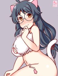 Rule 34 | 1girl, alternate costume, animal ears, artist logo, black hair, blush, bra, breasts, cat cutout, cat ears, cat lingerie, cleavage cutout, clothing cutout, cow tail, dated, frilled bra, frills, glasses, grey background, hair ribbon, heian maru (kancolle), implied tail plug, kanon (kurogane knights), kantai collection, large breasts, long hair, looking at viewer, meme attire, no panties, one-hour drawing challenge, ribbon, round eyewear, smile, solo, tail, twintails, underwear, very long hair