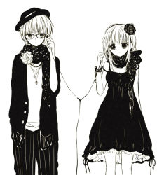 Rule 34 | 1boy, 1girl, adjusting earphones, anzu (o6v6o), arm at side, bracelet, corsage, dress, dual persona, earphones, expressionless, flower, genderswap, genderswap (ftm), glasses, greyscale, gumi, gumiya, hair flower, hair ornament, hat, high contrast, jacket, jewelry, light frown, monochrome, pants, pendant, pinstripe pants, pinstripe pattern, scarf, shared earphones, shirt, short hair with long locks, simple background, strap slip, striped clothes, striped pants, vertical-striped clothes, vertical-striped pants, vocaloid, white background