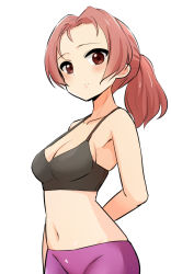 Rule 34 | 1girl, alternate hairstyle, arm behind back, bike shorts, black sports bra, brown eyes, closed mouth, commentary, girls und panzer, hair up, highres, light frown, looking at viewer, medium hair, midriff, nasunael, navel, one-hour drawing challenge, ponytail, purple shorts, red hair, rosehip (girls und panzer), shorts, simple background, solo, sports bra, standing, white background