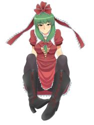 Rule 34 | 1girl, boots, bow, breasts, cross-laced footwear, dress, female focus, front ponytail, full body, green eyes, green hair, hair bow, hair ribbon, high heel boots, high heels, kagiyama hina, knee boots, lace-up boots, matching hair/eyes, nicutoka, pantyhose, ribbon, smile, solo, touhou, transparent background, white background