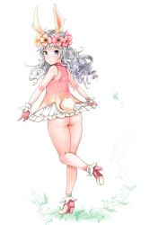 Rule 34 | + +, 1girl, animal ears, ass, blue eyes, clothes lift, curly hair, dress, dress lift, elin, flower, from behind, full body, gloves, hair flower, hair ornament, head wreath, high heels, kneepits, legs, long hair, looking back, mary janes, microdress, mojarin (kihara mojarin), no panties, rabbit ears, shoes, short dress, silver hair, simple background, sleeveless, sleeveless dress, smile, socks, solo, standing, standing on one leg, symbol-shaped pupils, tail, tera online, white background