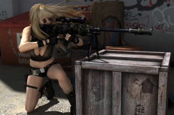 Rule 34 | 1girl, 3d, binoculars, bipod, blonde hair, boots, breasts, cleavage, fingerless gloves, gloves, gun, highres, hiro3787, holster, kneeling, long hair, midriff, on one knee, original, realistic, rifle, scope, short shorts, shorts, sniper rifle, solo, sunglasses, thigh holster, thigh strap, weapon