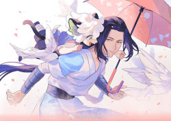 Rule 34 | 2boys, animal ears, bean mr12, bird, black hair, cat boy, cat ears, cat tail, green eyes, long hair, luo xiaohei, luo xiaohei (human), luo xiaohei zhanji, multiple boys, open mouth, petals, pink umbrella, profile, short hair, smile, tail, umbrella, upper body, very long hair, white background, white bird, white hair, wuxian (the legend of luoxiaohei)