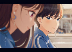 Rule 34 | 1boy, 1girl, black hair, blue eyes, blue jacket, blurry, blurry background, blurry foreground, brown hair, chinese commentary, choppy bangs, commentary request, earrings, from side, hair behind ear, indoors, jacket, jewelry, letterboxed, long hair, looking at another, outdoors, parted lips, pink eyes, profile, school uniform, short hair, smile, solo focus, striped, track jacket, upper body, yeguirong