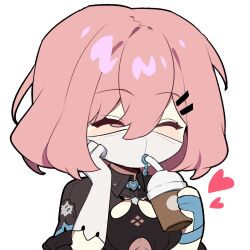 Rule 34 | 1girl, black leotard, breasts, closed eyes, cup, drinking straw, gloves, heart, highres, holding, holding cup, honkai (series), honkai impact 3rd, large breasts, leotard, mask, mouth mask, official art, pink hair, short hair, single glove, solo, timido cute, transparent background, upper body, white gloves