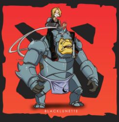 Rule 34 | 2boys, ahoge, alchemist (dota), alphonse elric, alphonse elric (cosplay), armor, armored boots, artist name, automail, black lunette, black pants, black tank top, blonde hair, boots, brown footwear, carrying, colored skin, commentary, commission, cosplay, dota (series), dota 2, edward elric, english commentary, fake facial hair, fake mustache, full armor, full body, fullmetal alchemist, gauntlets, highres, leg armor, loincloth, looking at viewer, male focus, mechanical arms, multiple boys, name connection, open mouth, pants, parted bangs, pauldrons, piggyback, short hair, shoulder armor, single mechanical arm, tank top, yellow skin