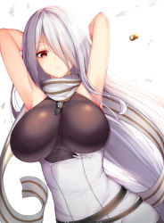 Rule 34 | 1girl, armpits, arms behind head, bear hair ornament, belt, blush, breasts, chixiao, floating hair, girls&#039; frontline, hair ornament, unworn hair ornament, hair over one eye, highres, large breasts, long hair, looking at viewer, necktie, parted lips, pk (girls&#039; frontline), red eyes, scarf, sidelocks, silver hair, solo, torn clothes, very long hair