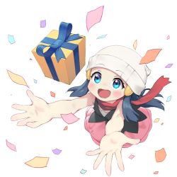 Rule 34 | 1girl, arms up, bare arms, beanie, black shirt, blue eyes, blue ribbon, blush, box, commentary request, confetti, creatures (company), dawn (pokemon), eyebrows visible through hat, eyelashes, floating scarf, game freak, gift, gift box, hat, highres, long hair, looking up, nintendo, open mouth, pink skirt, pokemon, pokemon dppt, reccu, red scarf, ribbon, scarf, shirt, skirt, sleeveless, sleeveless shirt, smile, solo, tongue, white background, white hat