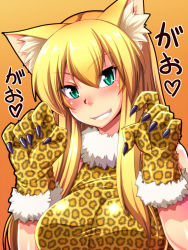 Rule 34 | 1girl, animal ears, animal hands, animal print, aqua eyes, blush, breasts, cat ears, cat paws, fur trim, gloves, grin, large breasts, leopard print, long hair, looking at viewer, nokoppa, original, paw gloves, paw pose, shiny clothes, smile, solo, taut clothes, upper body, yellow gloves