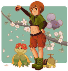 Rule 34 | 00s, 1girl, bad id, bad pixiv id, bellossom, belt, boots, brown eyes, brown hair, capelet, covered erect nipples, creatures (company), game freak, gardenia (pokemon), gen 2 pokemon, gen 4 pokemon, green capelet, green footwear, gym leader, holding, holding poke ball, jumpluff, midriff, navel, nintendo, nose bubble, nyonn24, poke ball, pokemon, pokemon (creature), pokemon dppt, short hair, shorts, smile, turtwig