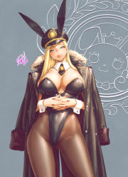 Rule 34 | 1girl, animal ears, black leotard, black pantyhose, blonde hair, blue eyes, breasts, bunny day, cleavage, collar, fujii eishun, gluteal fold, hat, highleg, highleg leotard, highres, jacket, jacket on shoulders, large breasts, leotard, lips, looking at viewer, military, military hat, military jacket, nail polish, necktie, original, own hands together, pantyhose, playboy bunny, rabbit ears, red nails, short necktie, sleeve cuffs, solo, thick lips, thick thighs, thighs