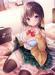Rule 34 | 1girl, bag, bare shoulders, bed, bow, bowtie, bra, breasts, brown cardigan, brown hair, brown thighhighs, cardigan, cleavage, clothes lift, green skirt, hair ribbon, highres, large breasts, lifting own clothes, long hair, long sleeves, looking at viewer, miniskirt, mole, mole on breast, nemuri nemu, no shoes, off shoulder, on bed, open cardigan, open clothes, original, panties, panty pull, parted lips, pleated skirt, purple eyes, ribbon, school bag, school uniform, sitting, skindentation, skirt, skirt lift, solo, thighhighs, underwear, very long hair, white bra, white panties