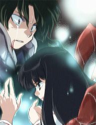 Rule 34 | 1boy, 1girl, anime coloring, black hair, blood, blood from mouth, blunt bangs, close-up, commentary request, crying, crying with eyes open, glowing, inuyasha, kikyou (inuyasha), lowres, maru-sima, naraku (inuyasha), profile, tears