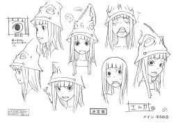 Rule 34 | 00s, 1girl, :&lt;, :i, absurdres, back, blunt bangs, bones (company), character sheet, cowboy shot, eruka frog, female focus, hat, highres, long hair, looking at viewer, looking to the side, monochrome, official art, scan, simple background, solo, soul eater, standing, tears, translation request, upper body, white background, witch, witch hat