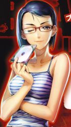Rule 34 | 1girl, bare shoulders, black hair, black lagoon, breasts, cd, cover, cover page, crossed arms, glasses, highres, hiroe rei, feng yifei, official art, one eye closed, red-framed eyewear, short hair, solo, spaghetti strap, striped, wink