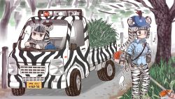 Rule 34 | 10s, 2girls, adapted costume, animal ears, animal print, black gloves, black hair, blouse, blue shirt, breast poke, brown eyes, collared shirt, commentary, driving, eighth note, extra ears, gloves, goggles, grevy&#039;s zebra (kemono friends), grey shirt, hat, kemono friends, layered sleeves, license plate, long hair, long sleeves, mojibake commentary, motor vehicle, multicolored hair, multiple girls, musical note, necktie, outdoors, pickup truck, plains zebra (kemono friends), poking, shirt, short over long sleeves, short sleeves, steering wheel, tail, tanaka kusao, tree, truck, two-tone hair, weeds, white hair, zebra ears, zebra print, zebra tail