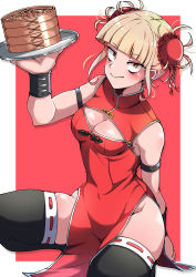 Rule 34 | 1girl, :&gt;, absurdres, alternate costume, arm behind back, armlet, bad arm, bamboo steamer, blonde hair, blunt bangs, blush, boku no hero academia, border, breasts, bun cover, china dress, chinese clothes, cleavage, cleavage cutout, closed mouth, clothing cutout, commentary request, double bun, dress, groin, hair bun, hand up, highres, holding, holding tray, looking at viewer, medium breasts, red background, red dress, ribbon trim, shinonome mozuku, skindentation, smile, solo, thighhighs, toga himiko, tray, white border, yellow eyes