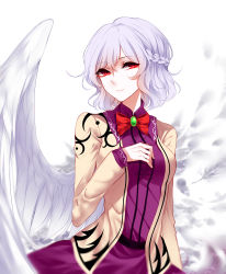 Rule 34 | 1girl, absurdres, bad id, bad pixiv id, bow, bowtie, breasts, brooch, brown jacket, closed mouth, cowboy shot, dress, feathered wings, feathers, half updo, highres, jacket, jewelry, kishin sagume, long sleeves, medium breasts, open clothes, open jacket, purple dress, red bow, red bowtie, red eyes, sash, sheya, short hair, silver hair, single wing, solo, touhou, white feathers, white wing, wings